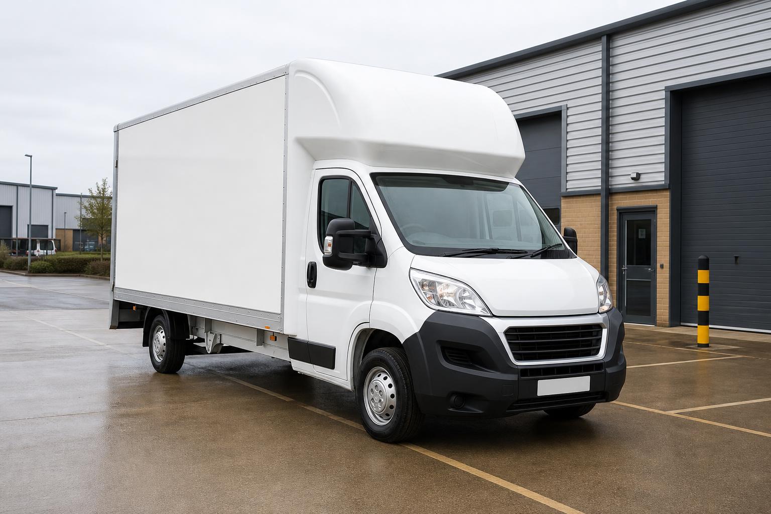 Clean white Luton hire van parked outside light industrial units near Stonehouse
