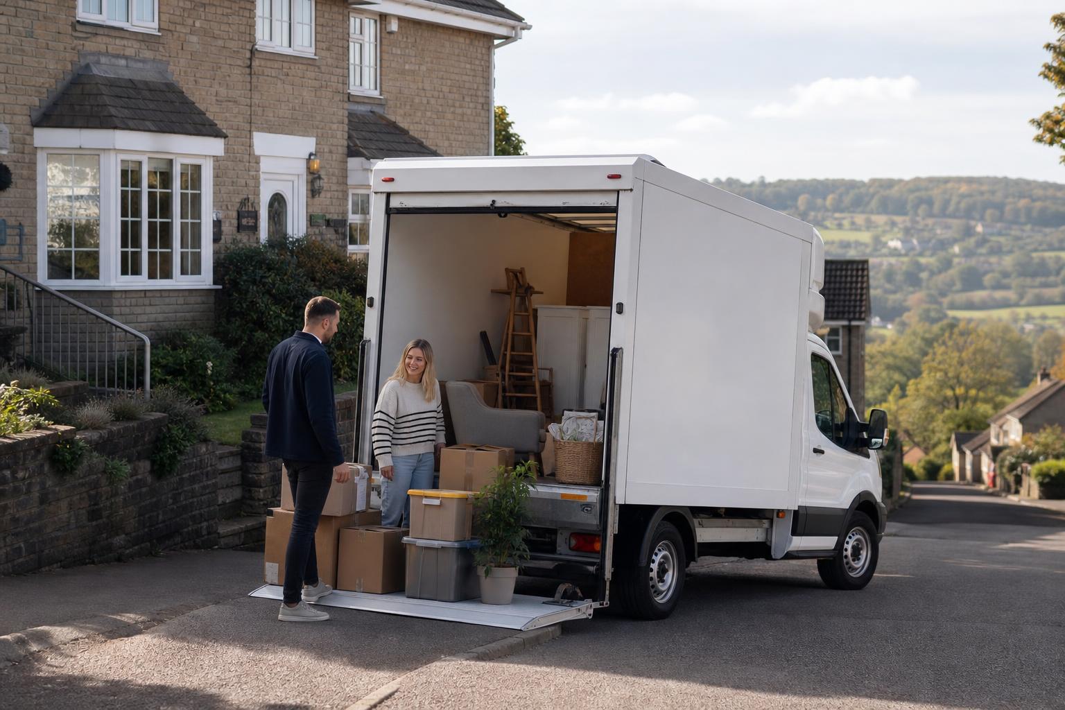 White Luton hire van being loaded for a house move on a residential street in Dursley