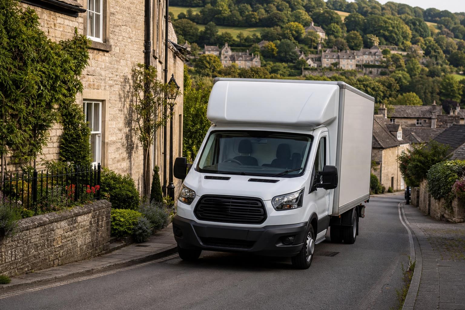 White Luton hire van travelling through a hillside town setting in Nailsworth