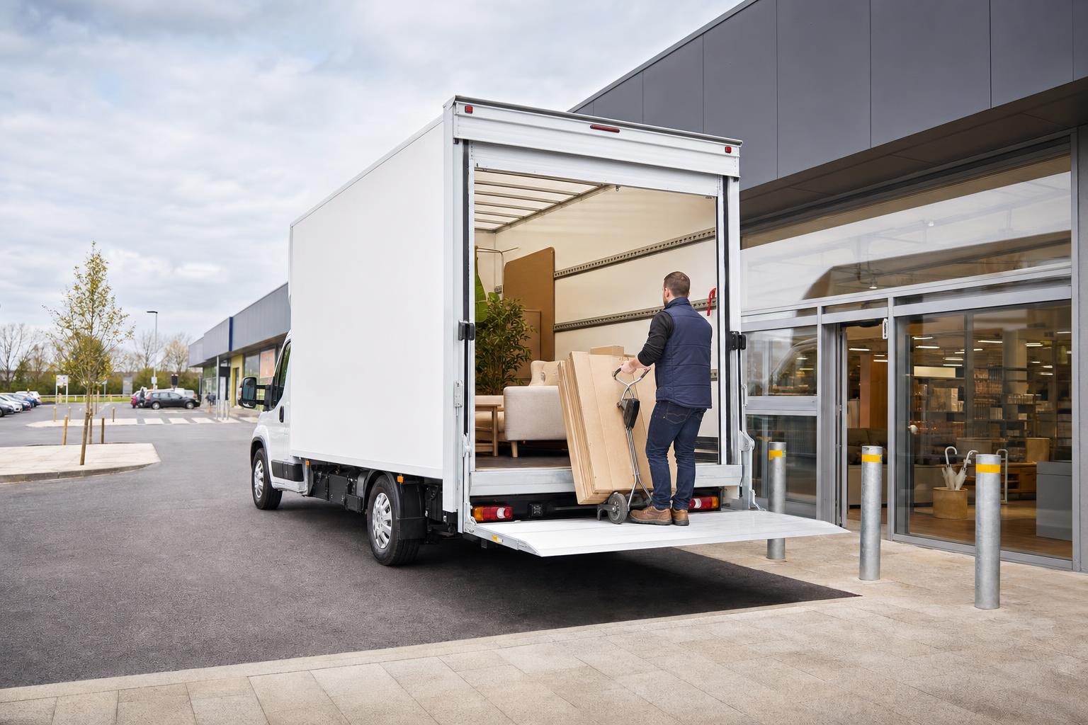 White Luton hire van at a retail pickup location near Cirencester with boxed goods being loaded