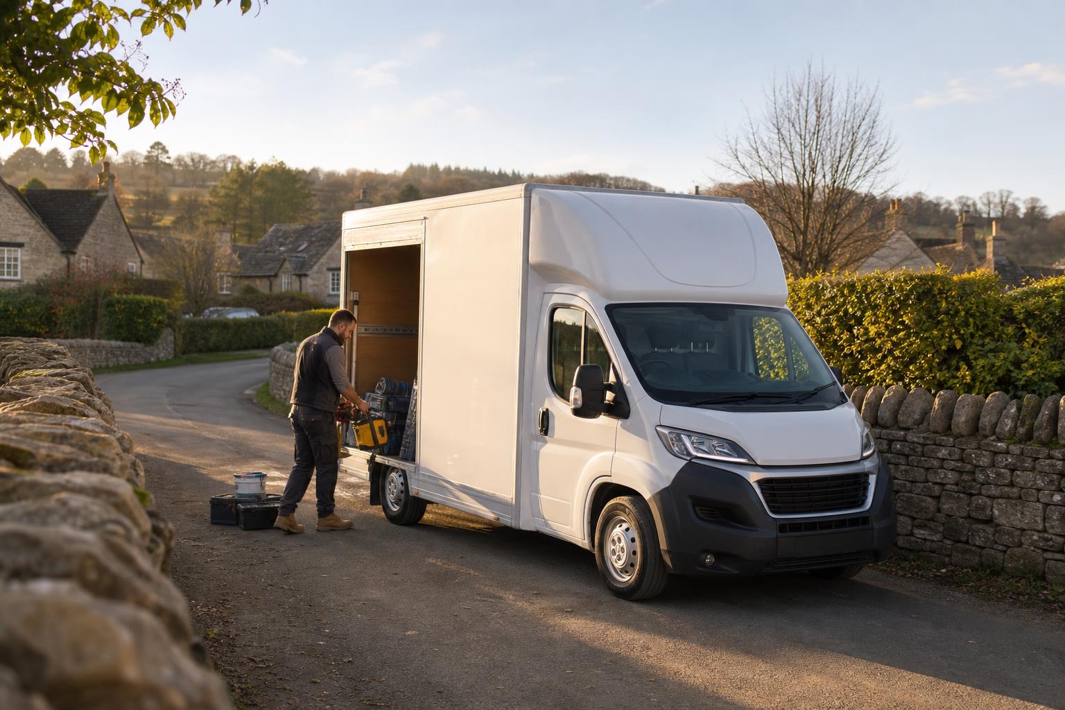 White Luton hire van on a rural roadside near Wotton-under-Edge with trade materials being unloaded